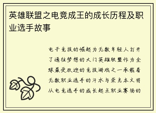 英雄联盟之电竞成王的成长历程及职业选手故事